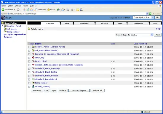 Панель управления Zope с установленным Plone