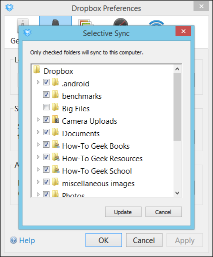Снимок экрана: окно Selective Sync в Dropbox с отключаемыми папками