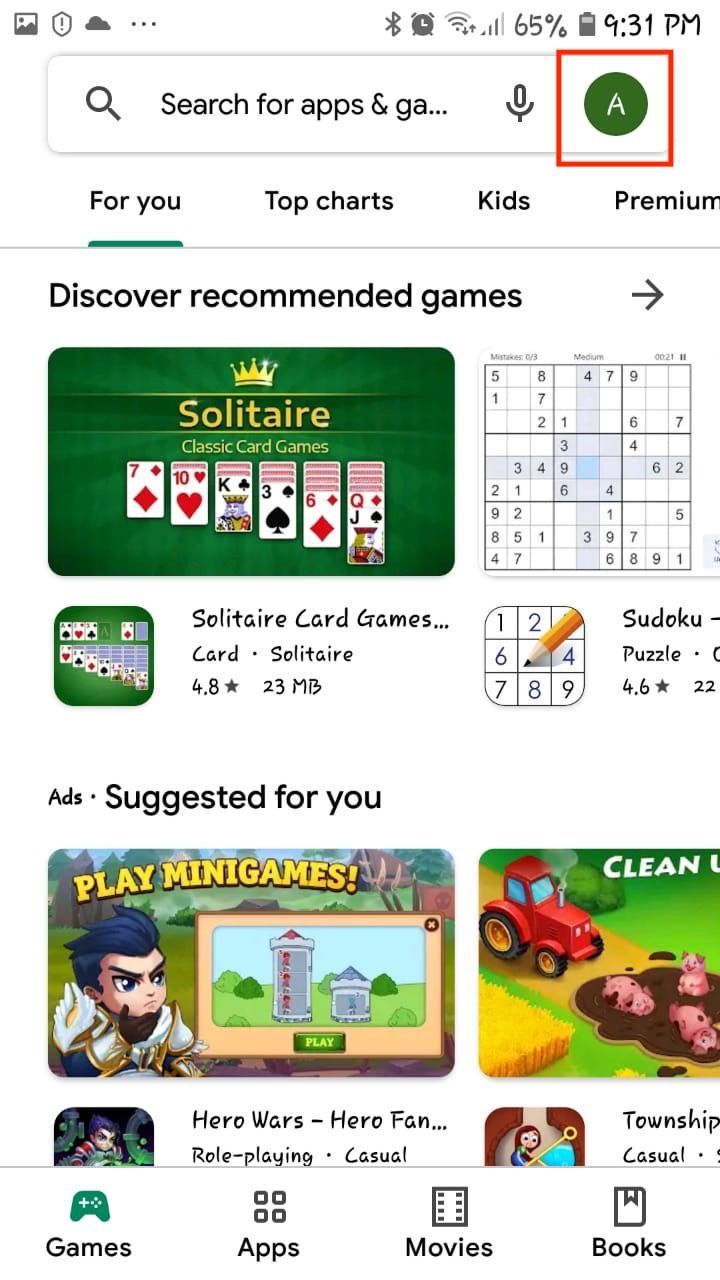 Экран Google Play на Android с меню подписок