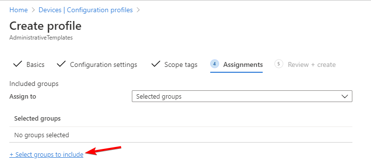 Выбор групп для назначения политики в Intune