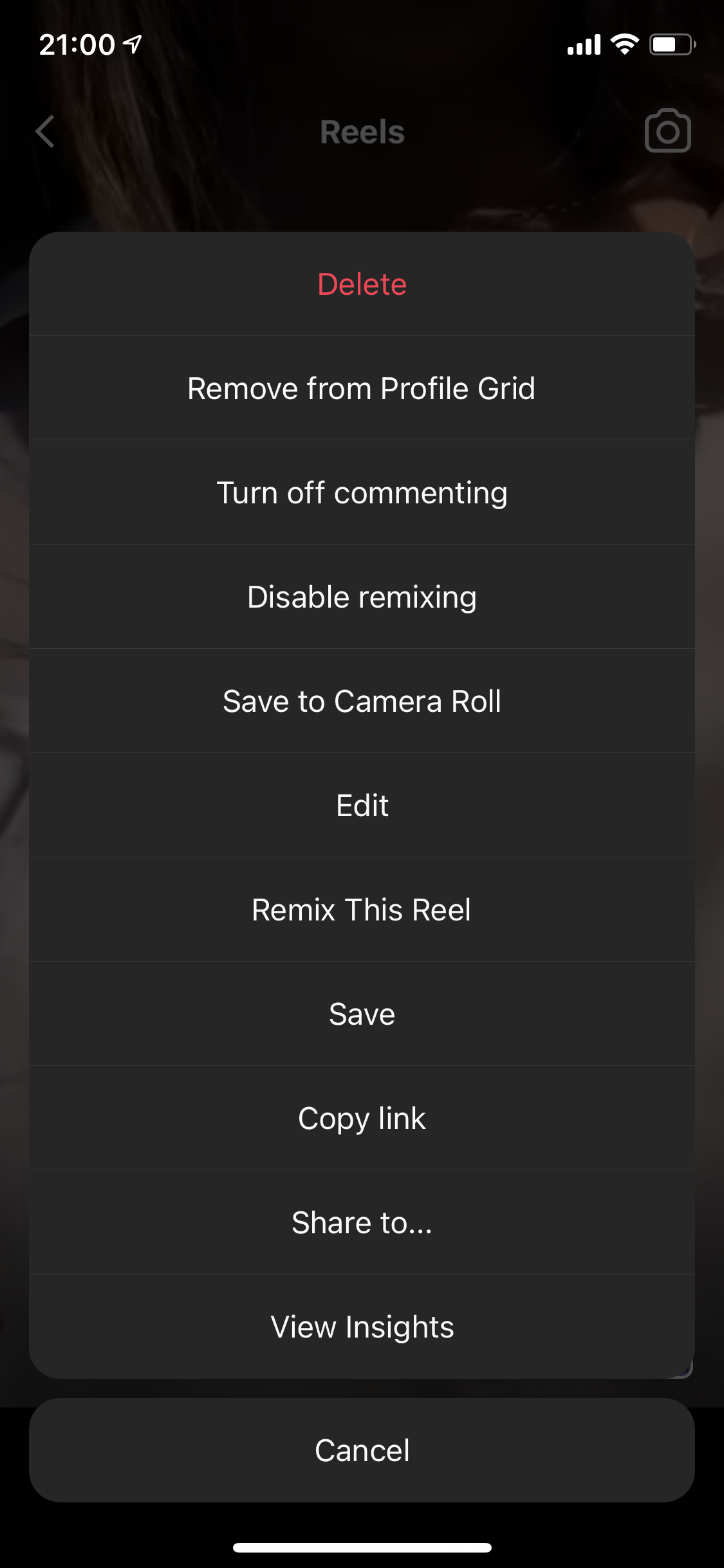 Меню опций Reels в Instagram