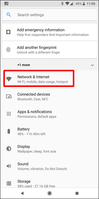 Меню Сеть и Интернет в Android Oreo