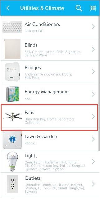 Список категорий устройств с выделенной опцией Fans