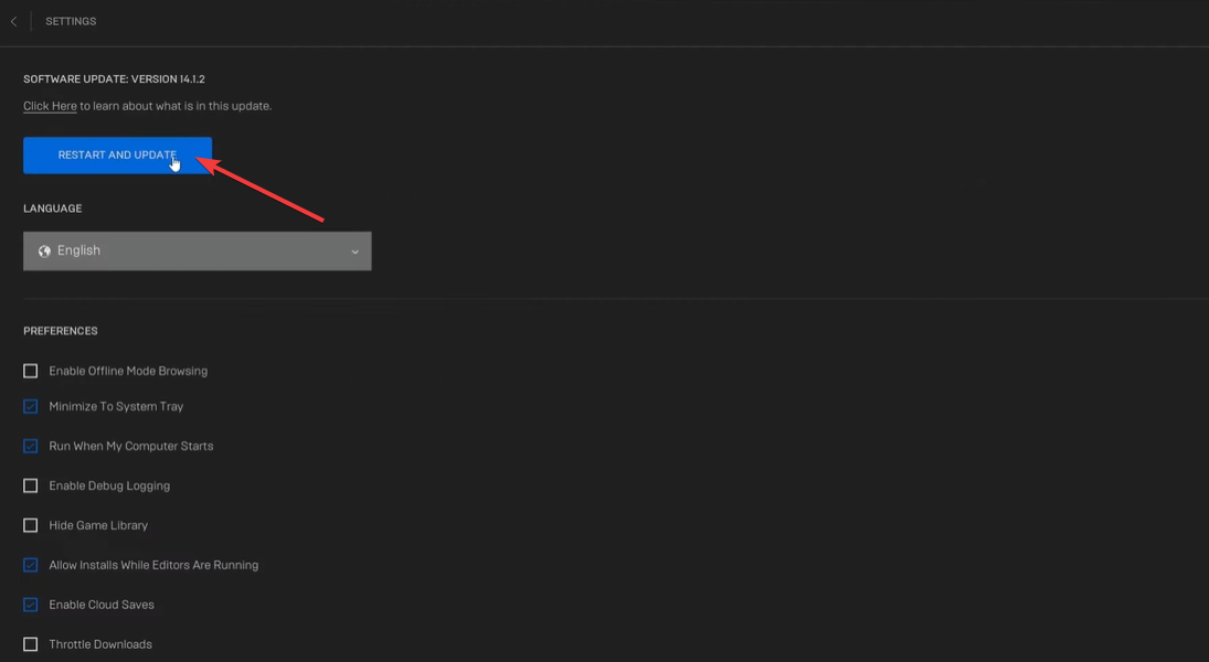 Кнопка 'Перезапустить и обновить' в Epic Games Launcher