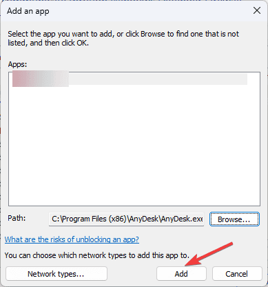 Кнопка 'Добавить' в окне разрешений