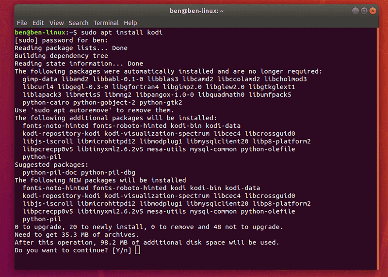 Kodi Ubuntu Install Terminal Window