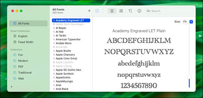 Окно Font Book на macOS Big Sur