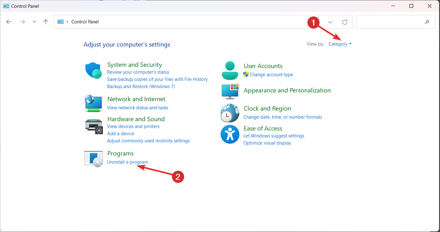 Параметр 'Просмотр по: Категория' и 'Удаление программы'