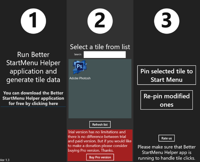 Окно StartMenu Helper с настройками создания плитки