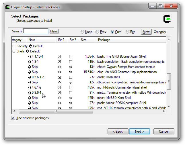 Выбор пакета Mintty в установщике Cygwin