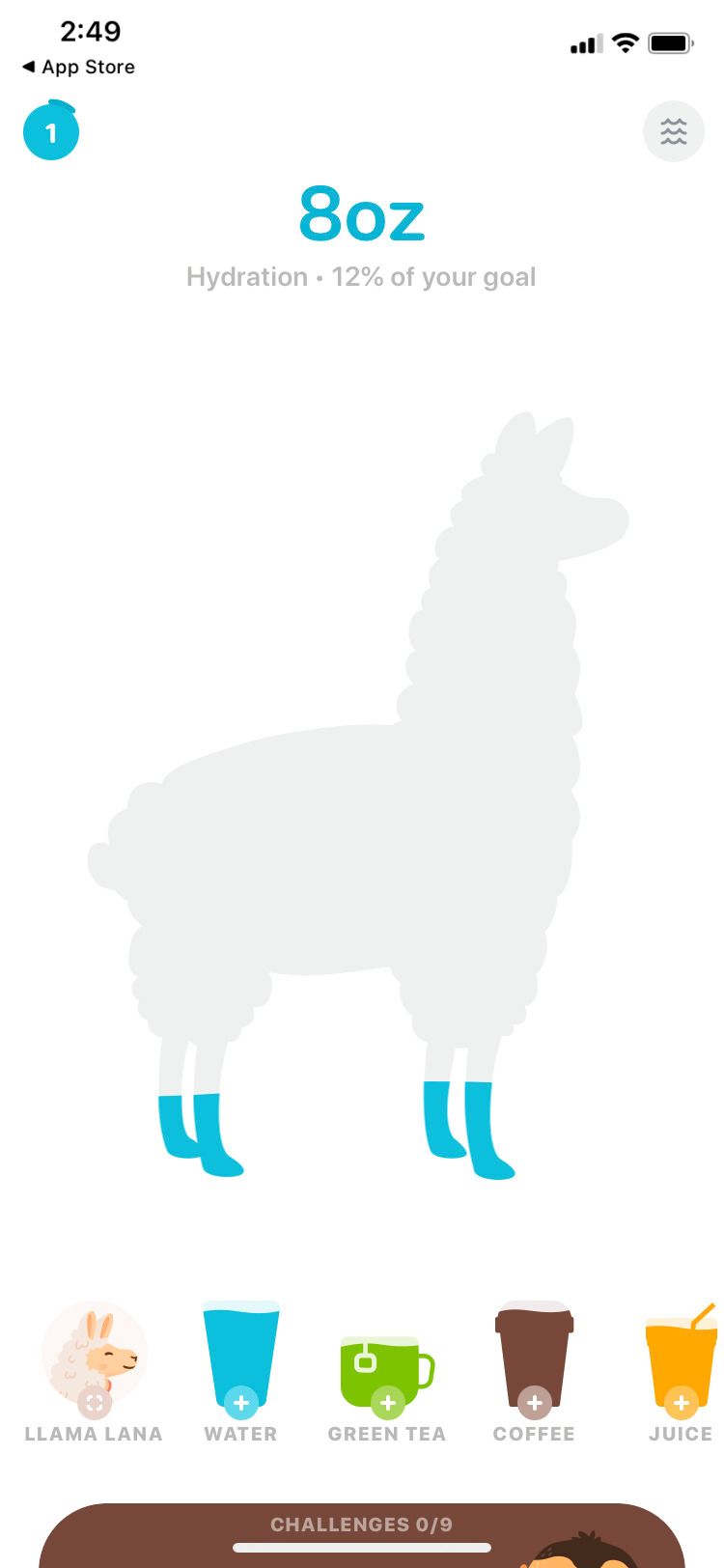 Waterllama: напоминание о порции воды (8 унций)