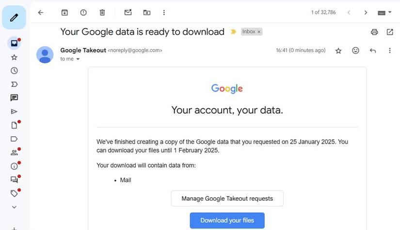 Письмо от Google Takeout в Gmail с кнопкой загрузки данных