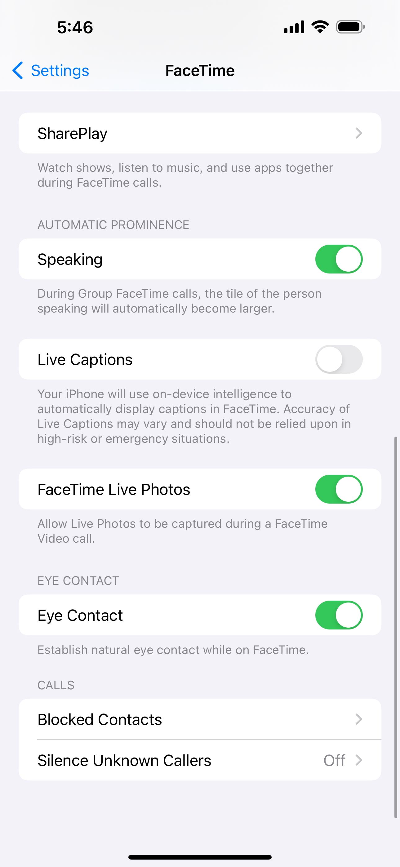 Переключатель FaceTime Live Photos включён