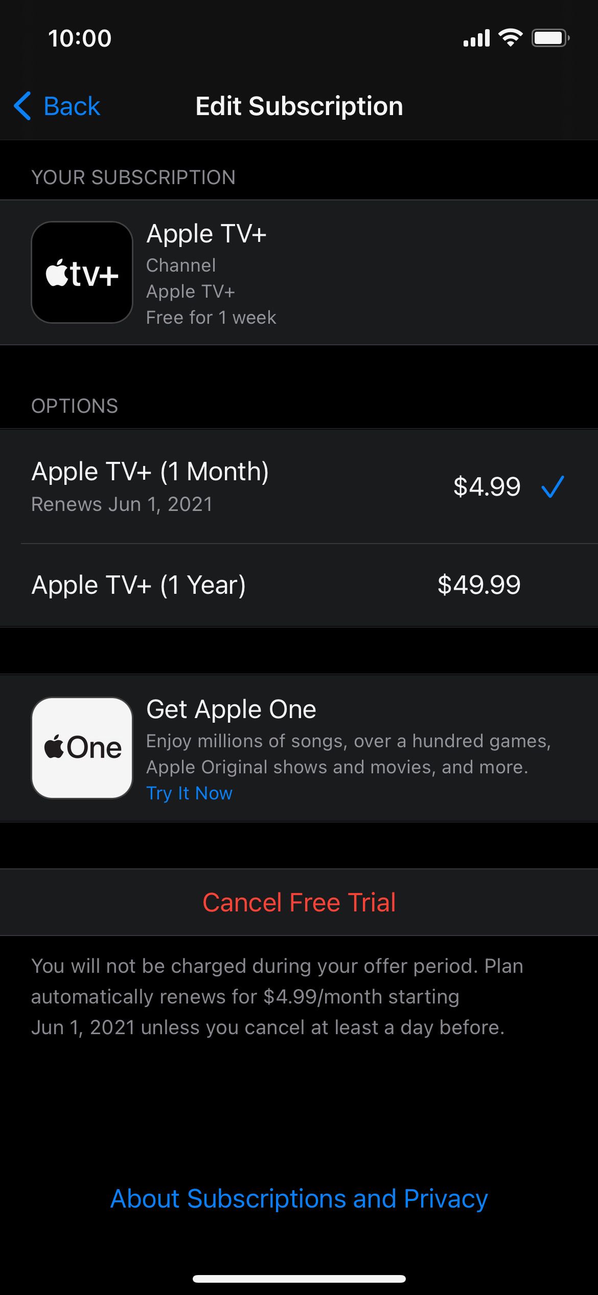 Экран отмены Apple TV+ на iPhone — список подписок