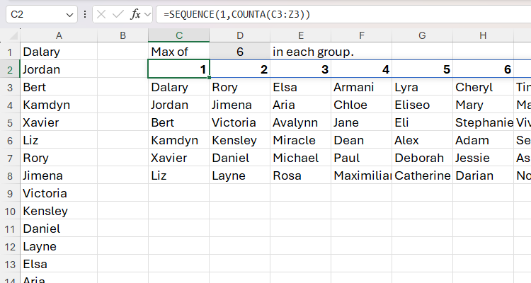 SEQUENCE と COUNTA を使って列見出しを生成しているスクリーンショット