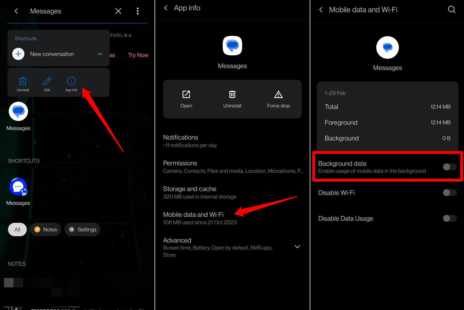 Отключение фоновых данных для Messages