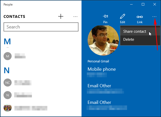 Interface montrant l’option pour partager une fiche contact depuis l’application Personnes