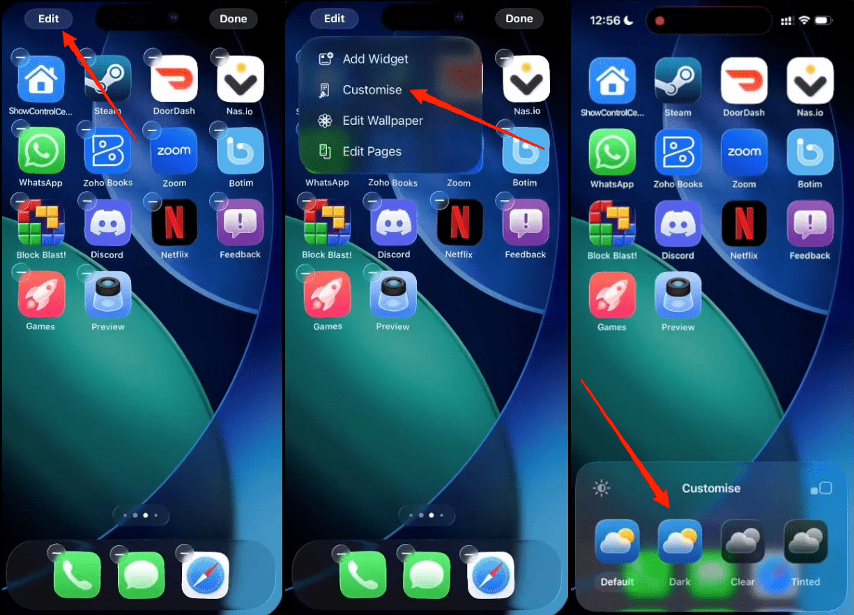 App‑Icons anpassen, Dunkel oder Standard wählen