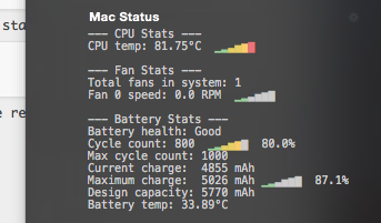 Пример вывода iStats в Today Scripts: CPU, вентиляторы, батарея