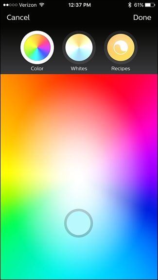 Выбор цвета и цветовой температуры в приложении Hue