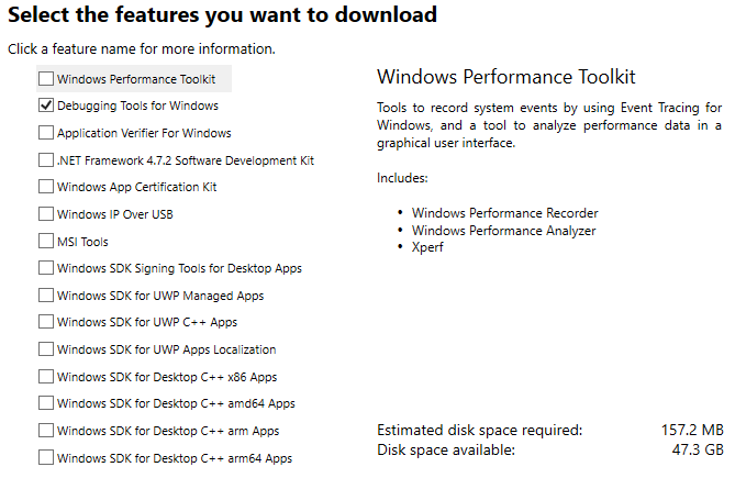 Параметры установки Windows SDK с выбором Debugging Tools
