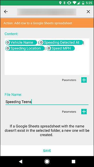 Поля параметров для строки Google Sheets: имя транспортного средства, время, место и скорость
