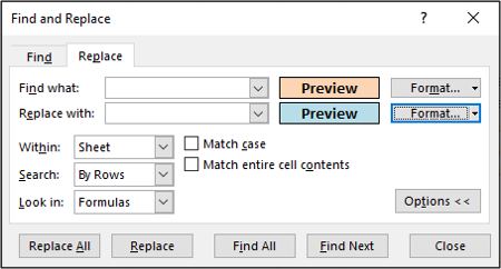 Предпросмотр формата в окне Найти и заменить