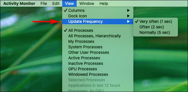 Changing the graph update frequencty in Activity Monitor on Mac.