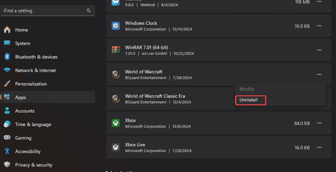 Диалог удаления программы (пример: World of Warcraft)