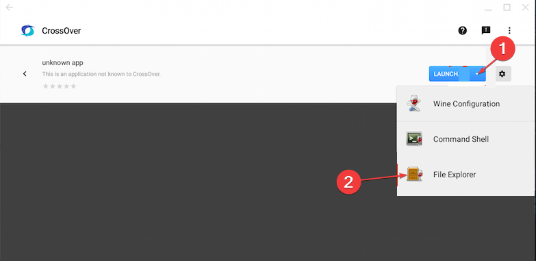 Меню Launch в Crossover, выбор File Explorer