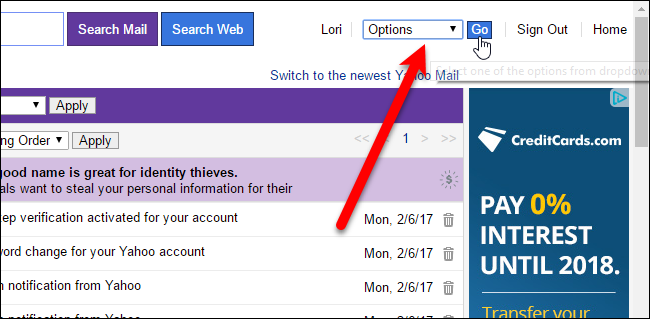 Выбор «Параметры» в базовой версии Yahoo Mail