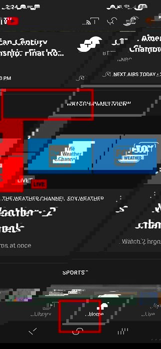Экран Android-приложения YouTube TV: раздел «Просмотр в multiview».