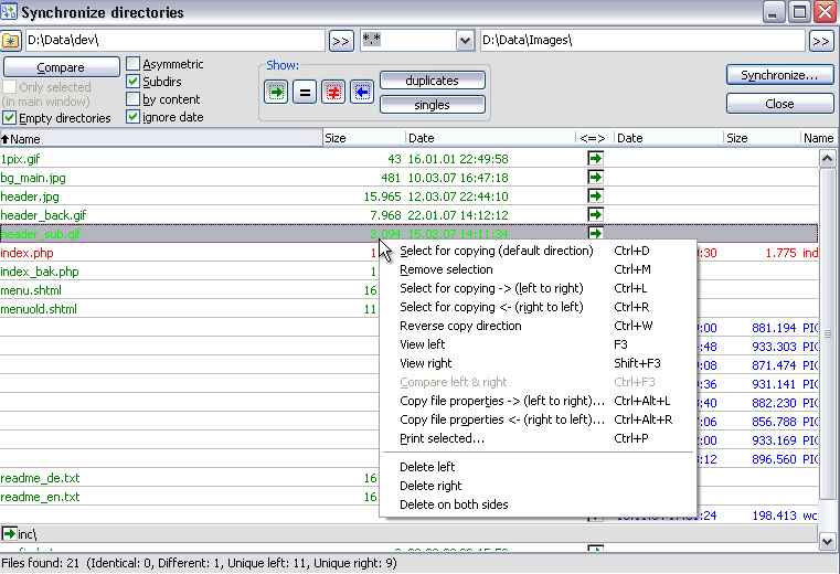 Сравнение файлов в Total Commander с окном синхронизации