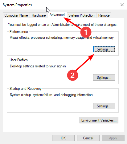 Параметры производительности — вкладка Дополнительно