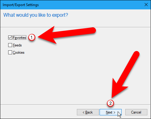 Выбор папки избранного для экспорта в IE