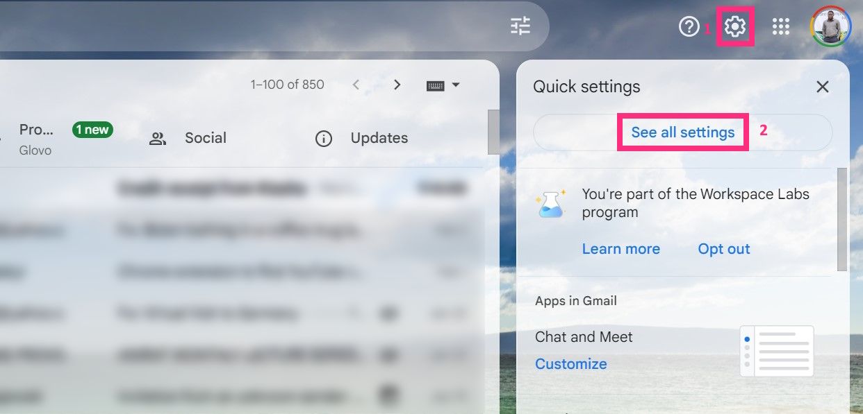 Значок настроек Gmail
